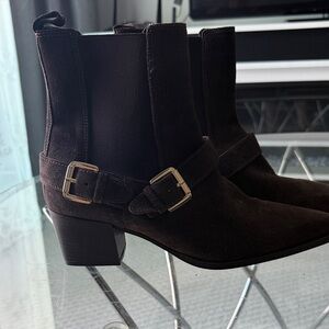 Duno Women's Dark Brown Suede Buckle Chelsea Ankle Boots Leather